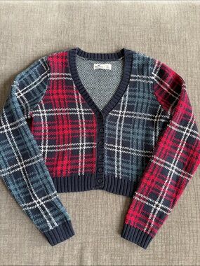 Hollister Plaid V-Neck Button Cropped Cardigan Academia Sweater - Navy / Red  L